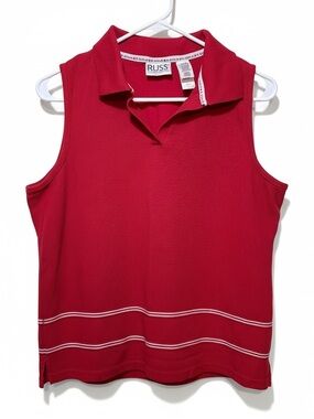Russ Sleeveless Polo knit Top Red with White Stripe Accents Golf Tennis VTG